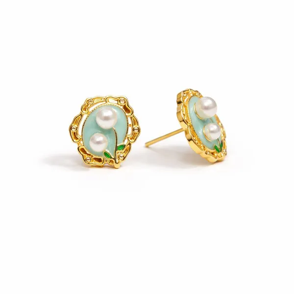 Gold_Plated_With_Mint_Green_Enamel_Dual_Pearl_Stud_Earrings_For_Women